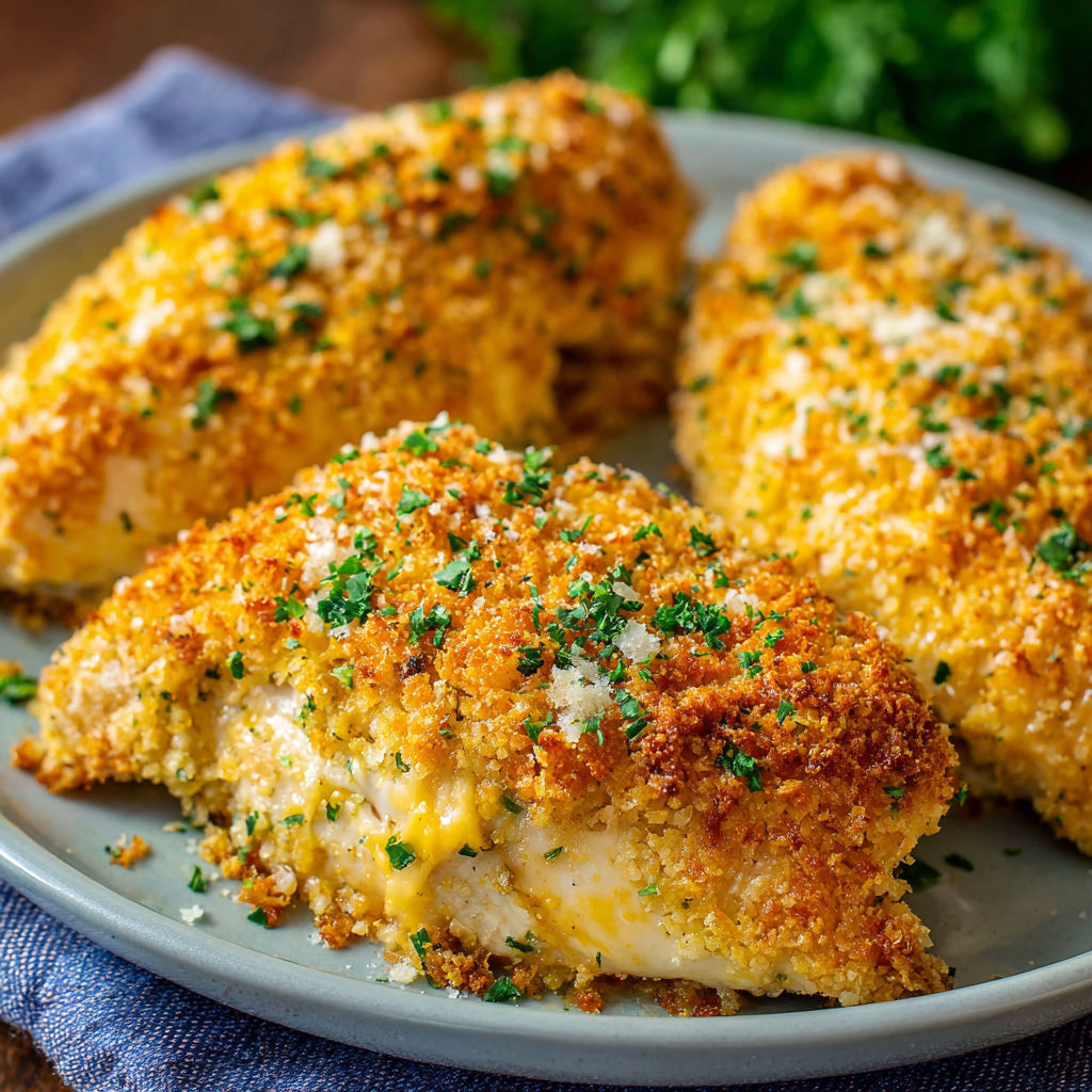 A plate of breaded chicken with cheese and herbs on top, ready to be cooked.
