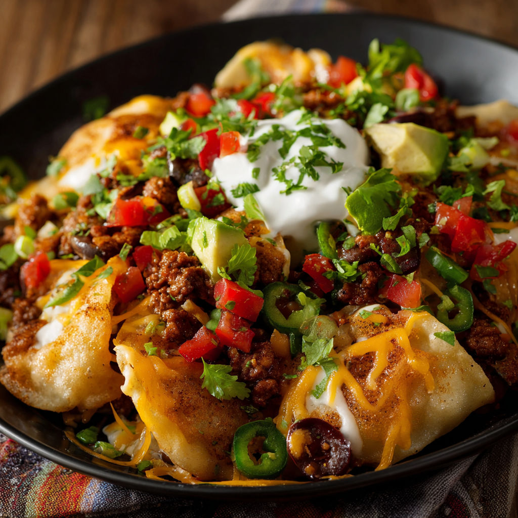 A plate of Loaded Pierogi Nachos is served on a table.
