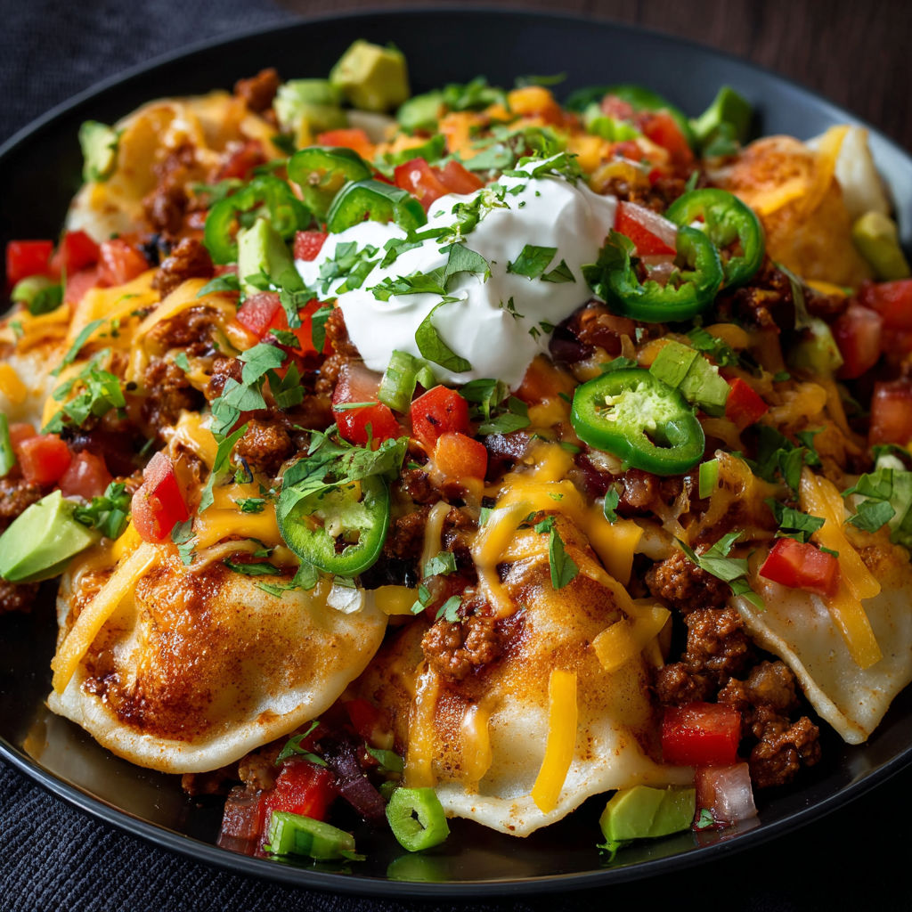 A plate of food with a white sauce on top, including jalapenos, tomatoes, and cheese.