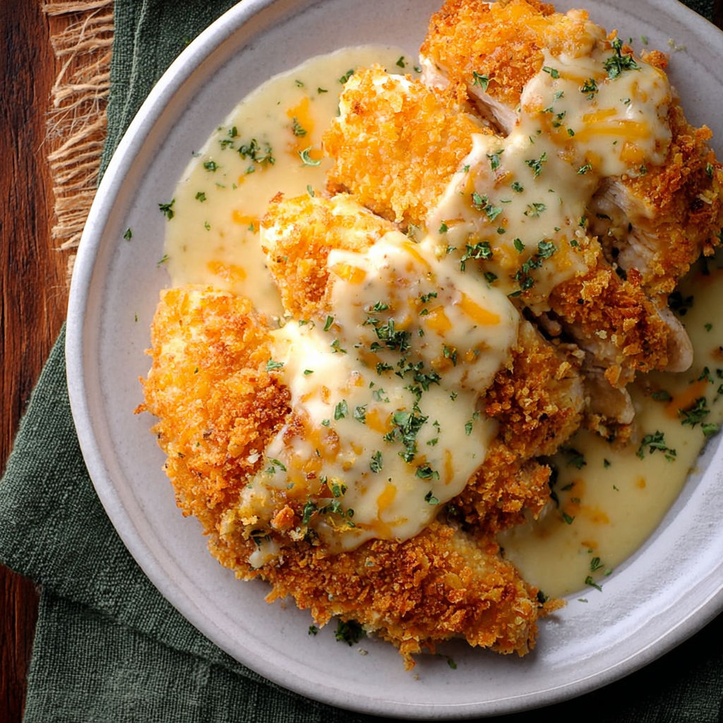 A plate of breaded chicken with cheese and sauce on top.