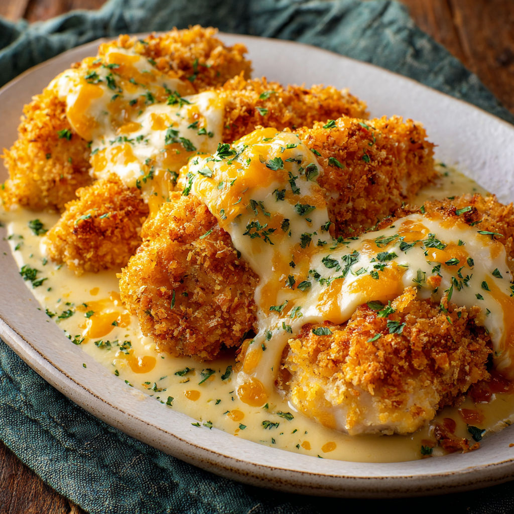 A plate of breaded chicken with cheese and sauce on top.