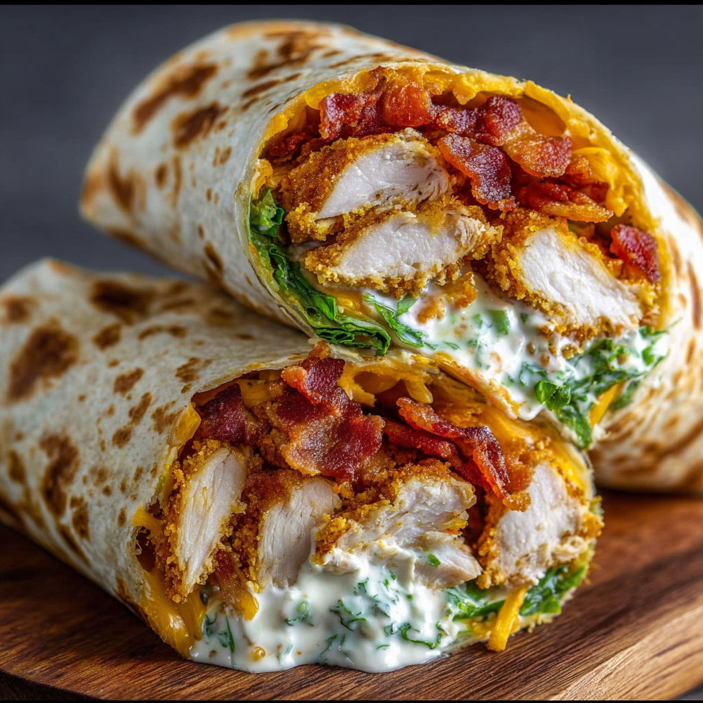 A delicious homemade crispy bacon ranch chicken wrap is shown on a wooden cutting board.