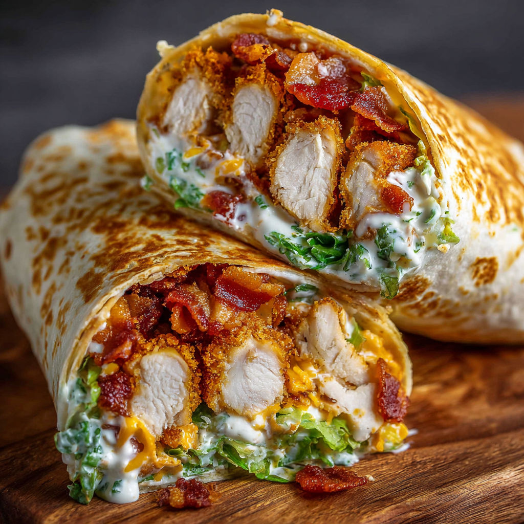 A delicious homemade crispy bacon ranch chicken wrap is served on a wooden table.