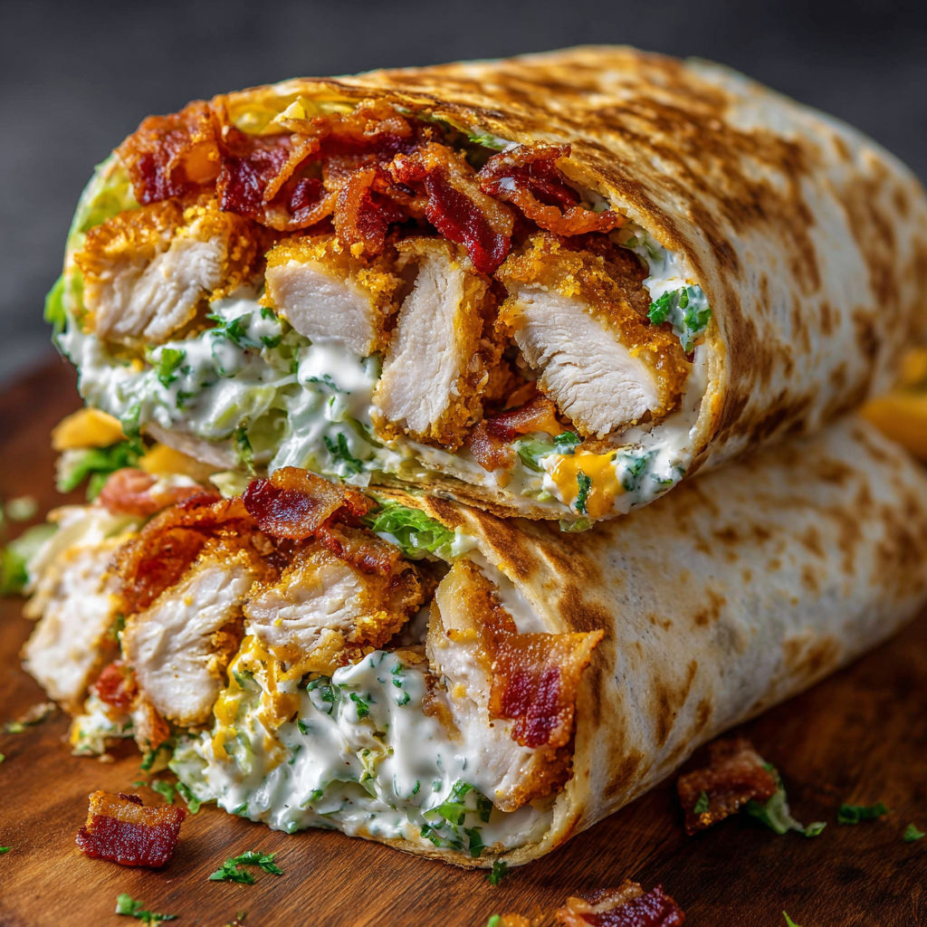 A delicious homemade crispy bacon ranch chicken wrap is displayed on a wooden table.