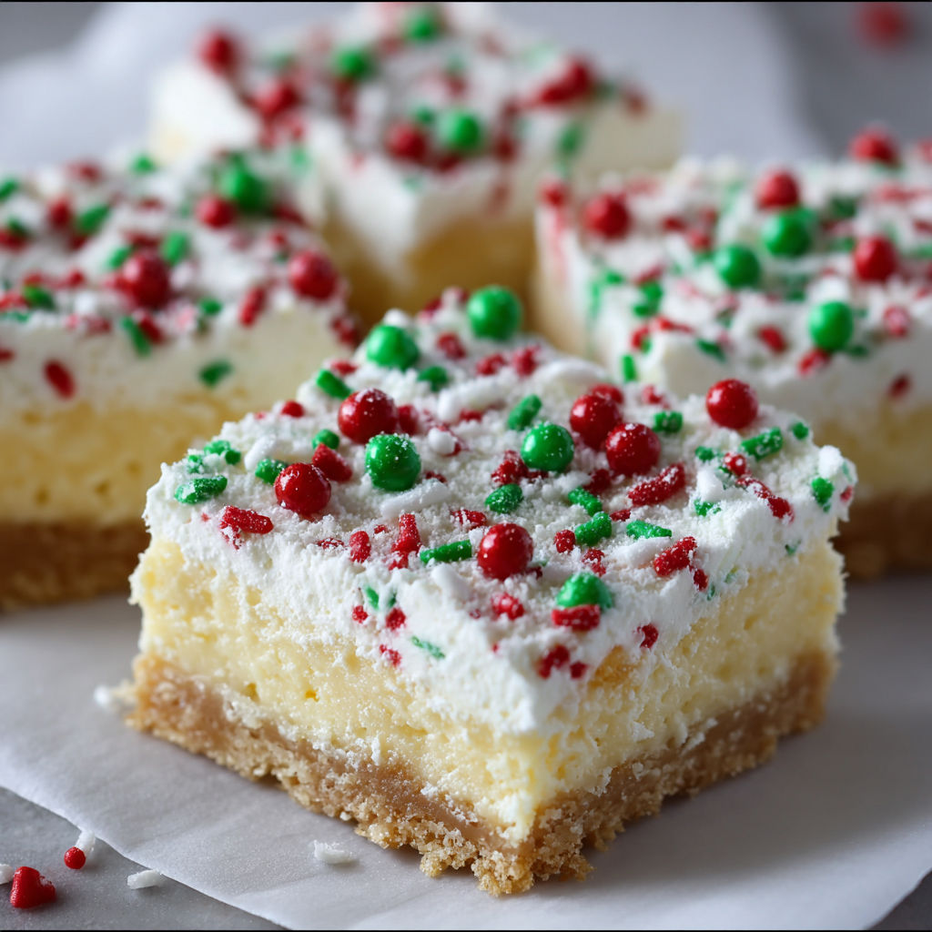 A plate of Christmas Sugar Cookie Cheesecake Bars.