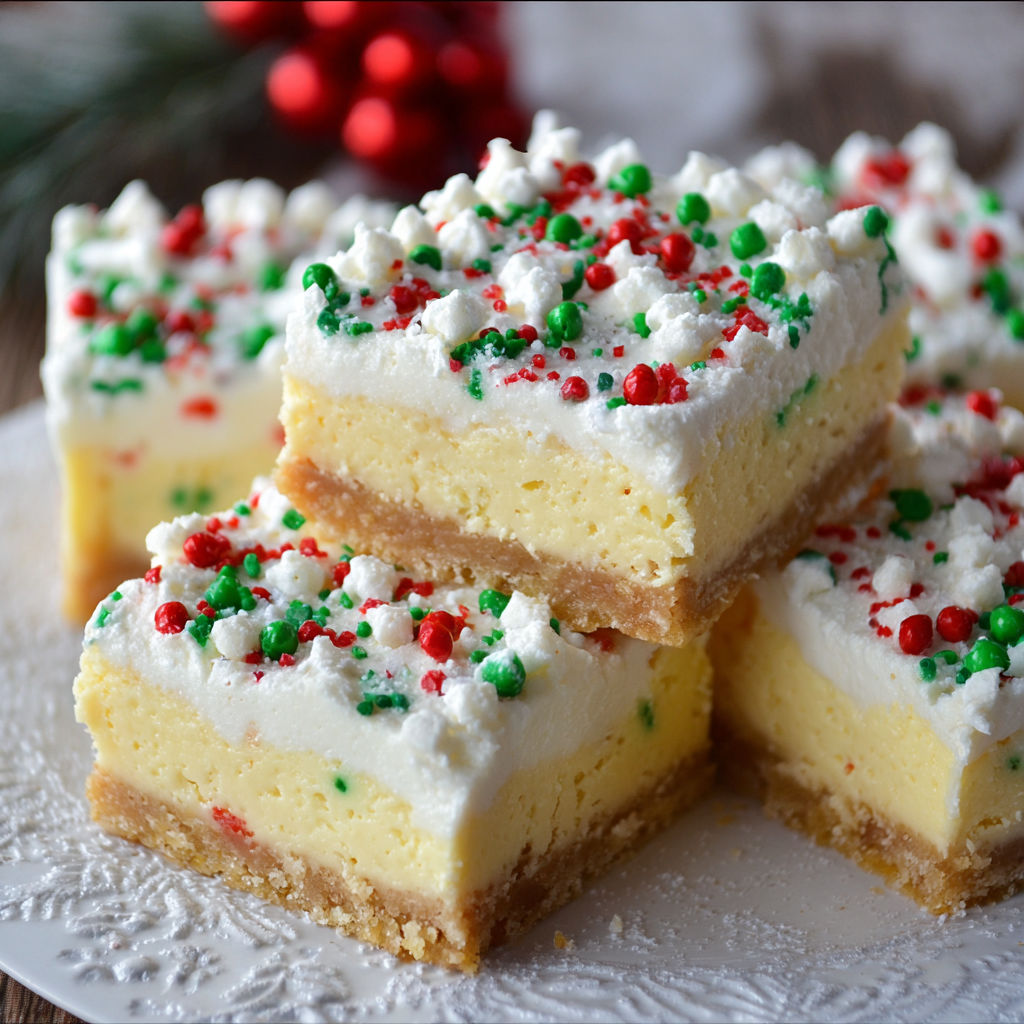 A plate of Christmas cake with white frosting and red and green sprinkles.