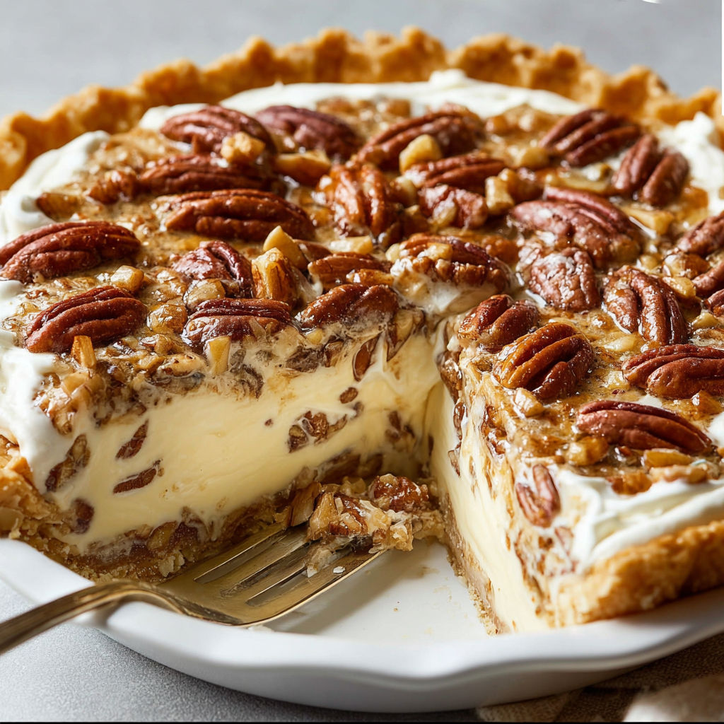 A slice of pecan cream pie on a plate.