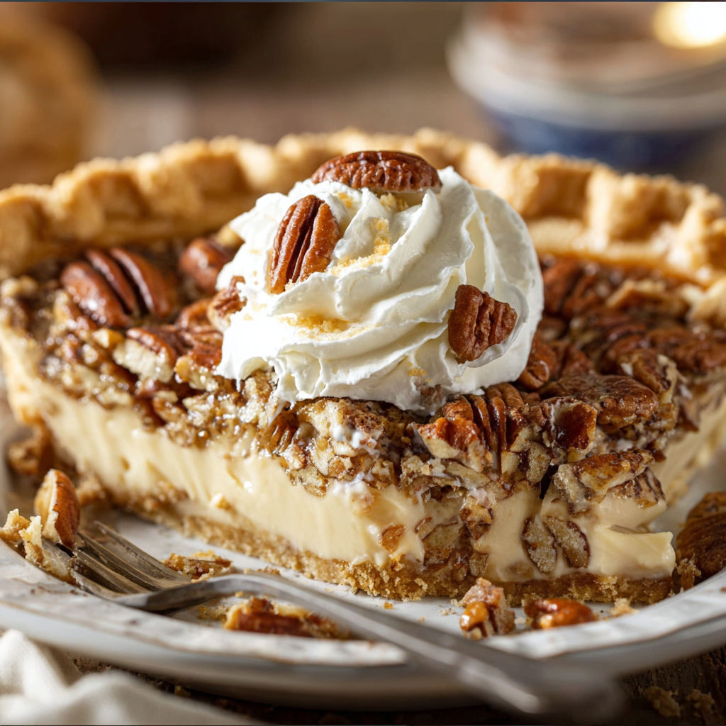 A slice of pecan pie with a dollop of whipped cream on top.