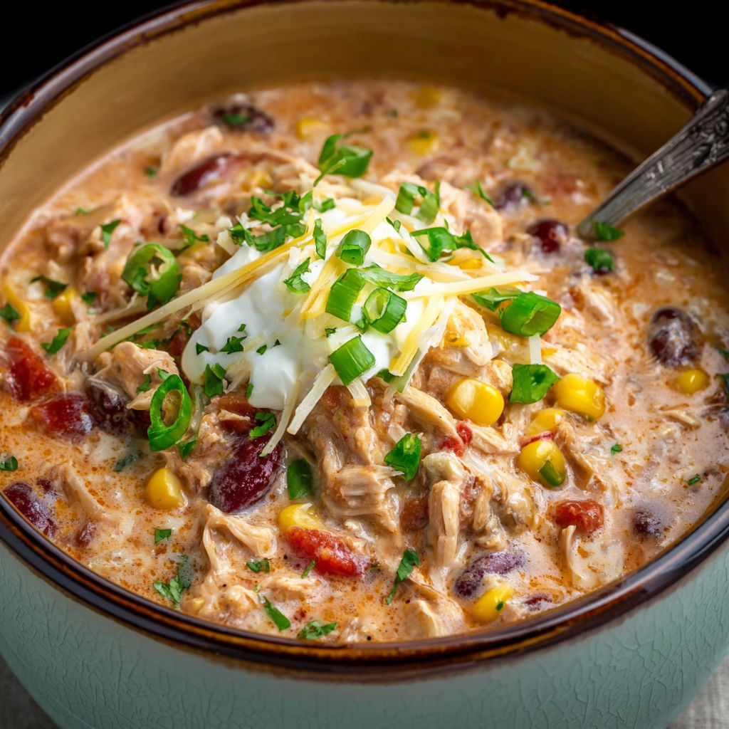 A bowl of chili with a spoon in it, topped with cheese and chicken.