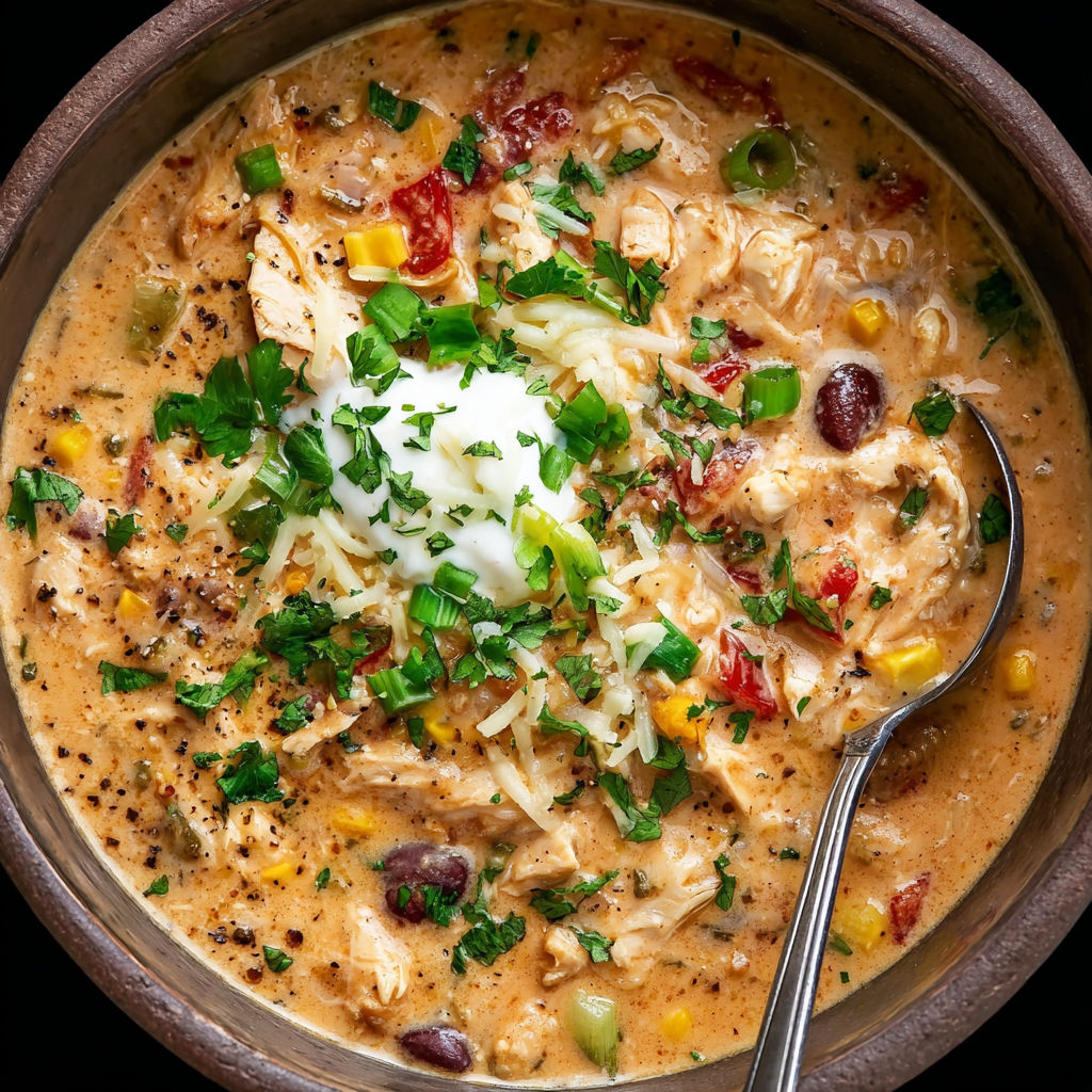 A bowl of chili with a spoon in it, topped with cheese and chicken.