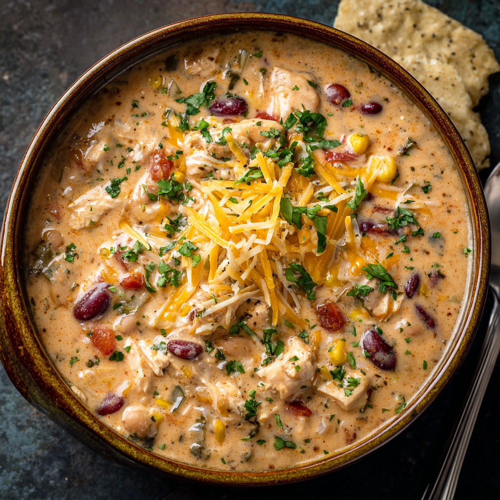 A bowl of chili with cheese and chicken toppings.