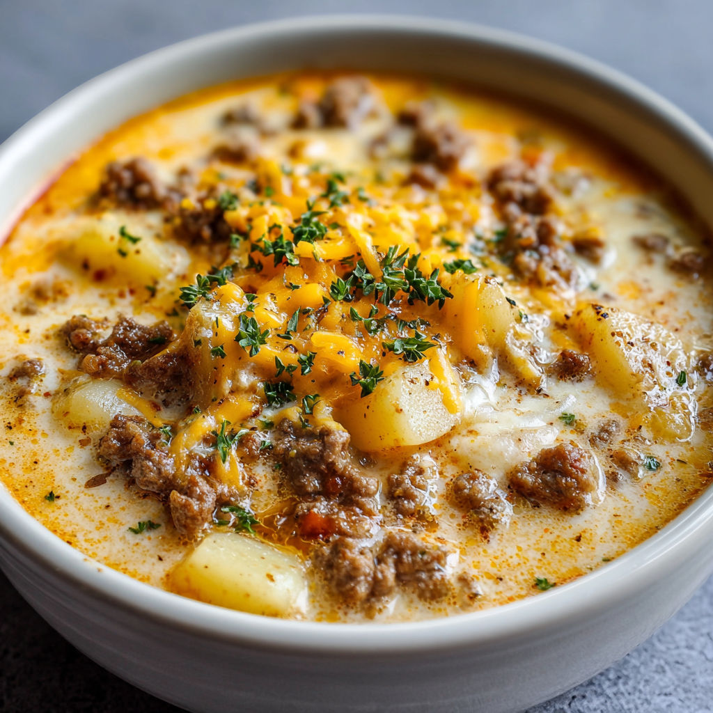 A bowl of Cheesy Hamburger Potato Soup with a generous amount of cheese and meat.