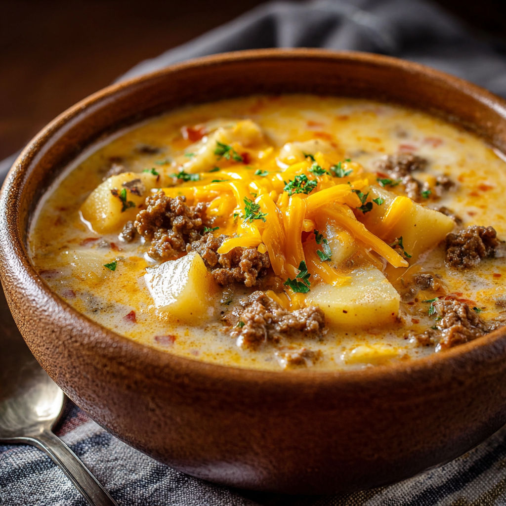 A bowl of soup with a spoon in it, the soup is made with potatoes, meat, and cheese.