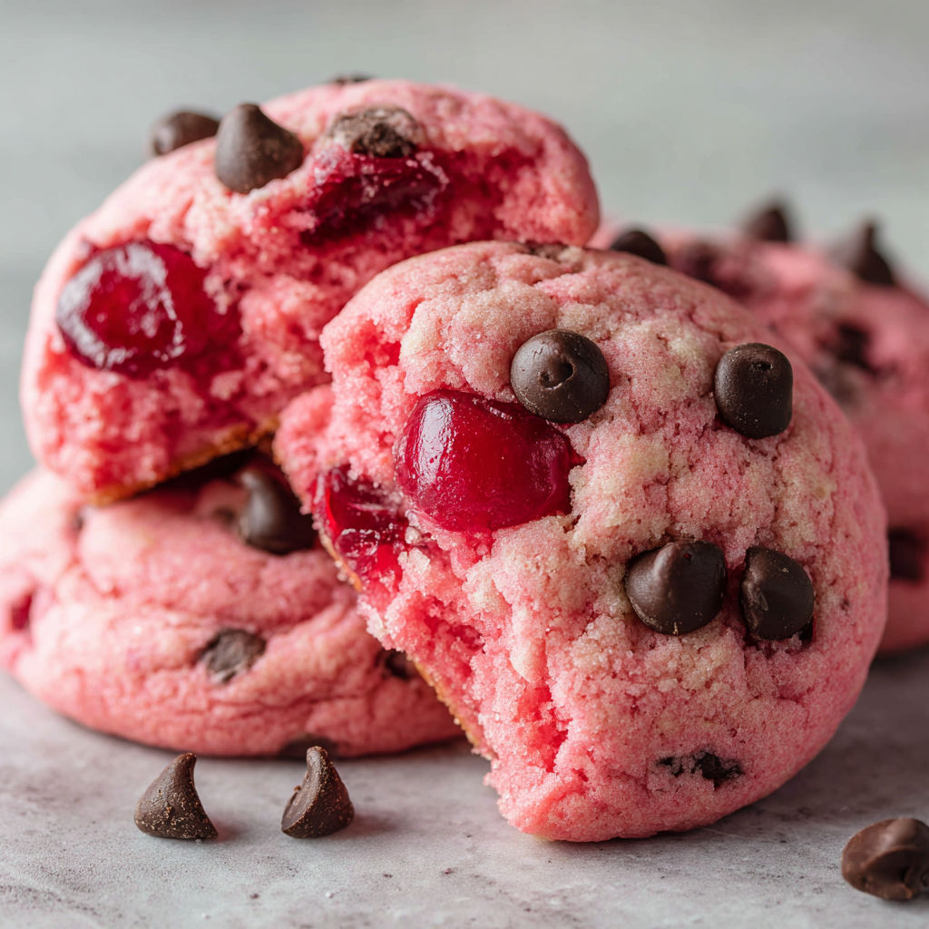A close up of a delicious pink cookie with chocolate chips and cherries.