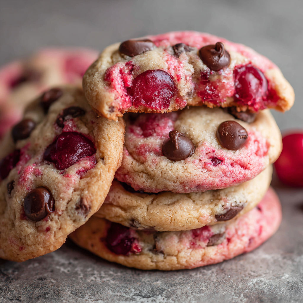 A stack of chocolate chip cookies with red berries on top.