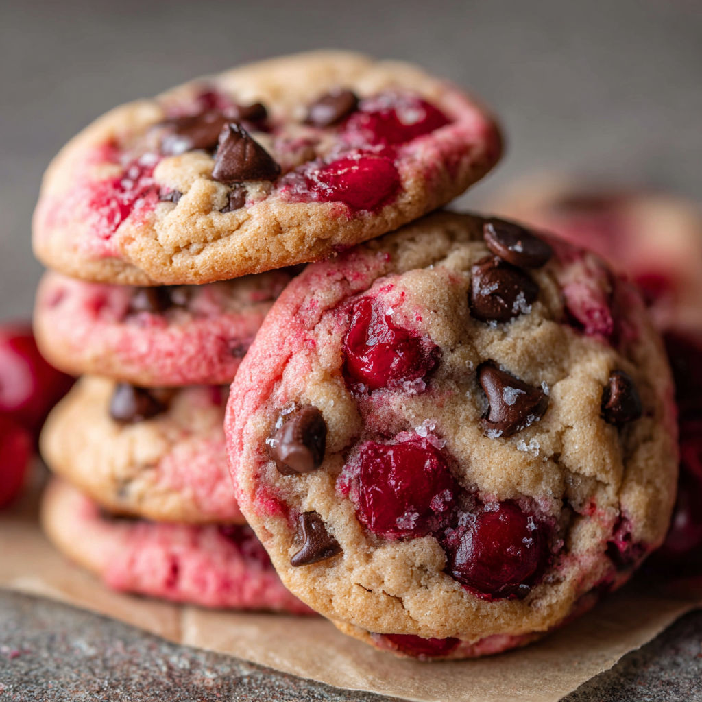 A stack of red velvet cookies with chocolate chips and raspberry jam.