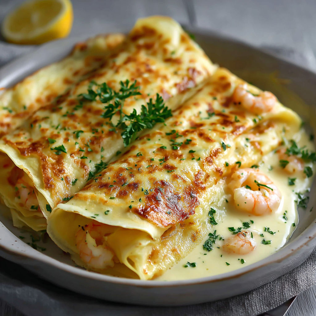 A plate of shrimp and cheese crepes with a lemon wedge on the side.