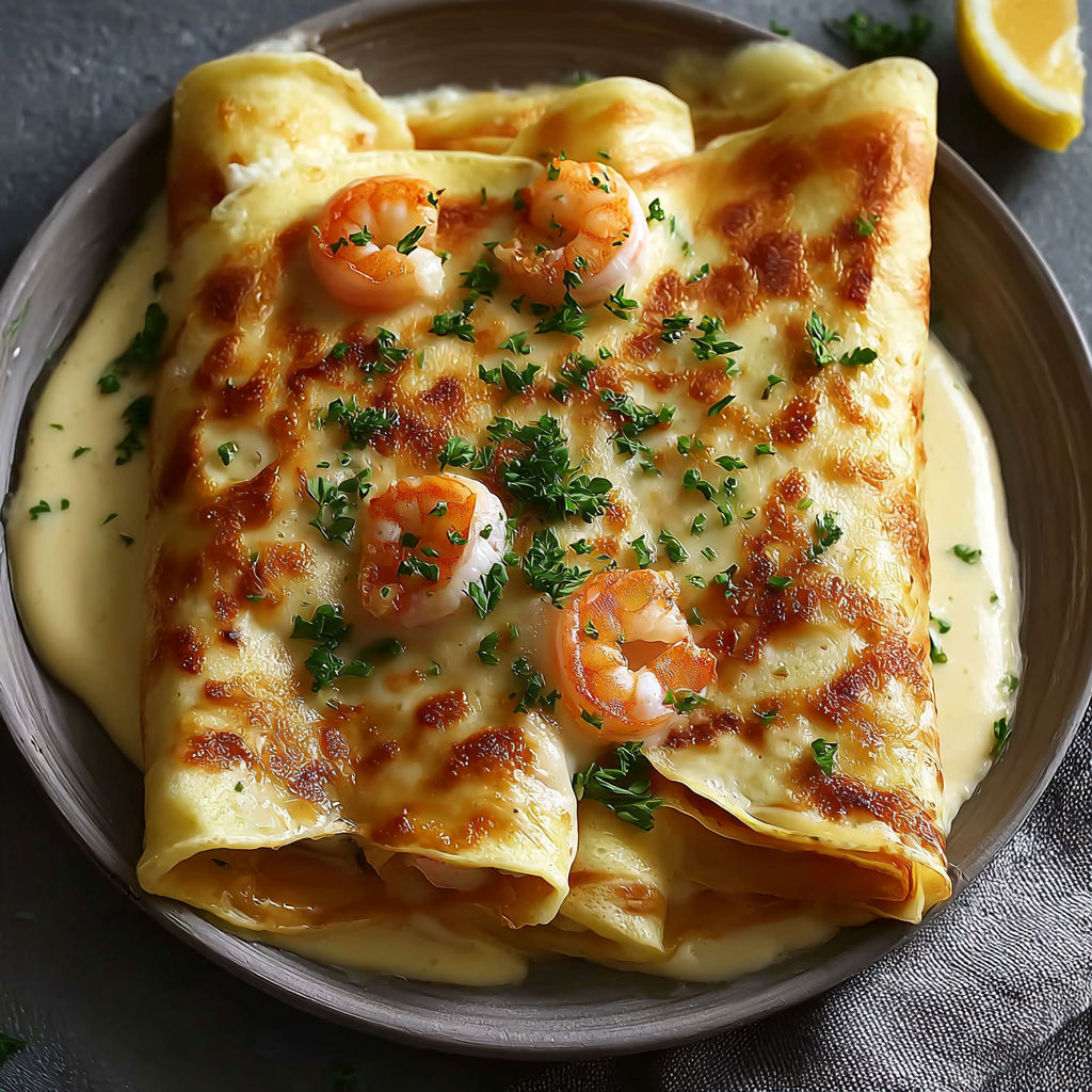 A delicious seafood dish, possibly a shrimp and cheese crepe, is served in a bowl with a lemon wedge on the side.