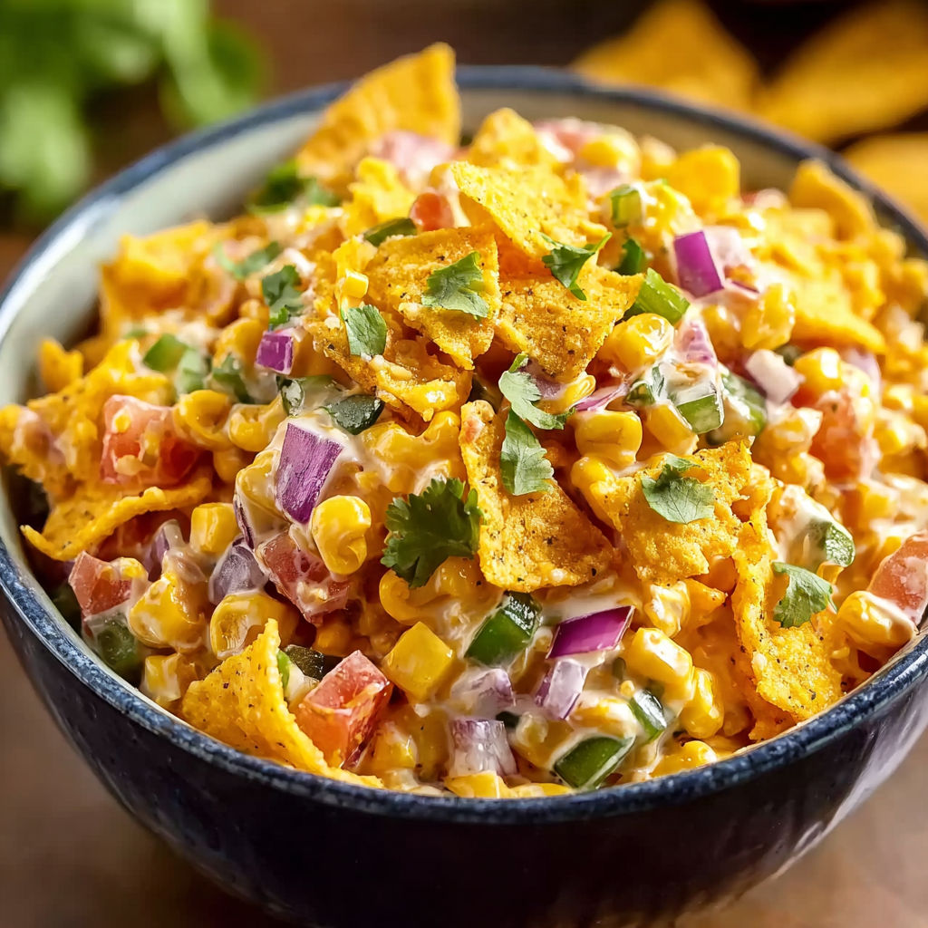 A bowl filled with Frito Corn Salad, a delicious and healthy dish made with corn, tomatoes, onions, and spices.