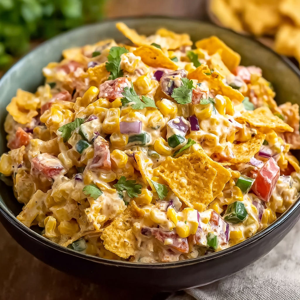 A bowl of Mexican food with chips, corn, tomatoes, and cheese.