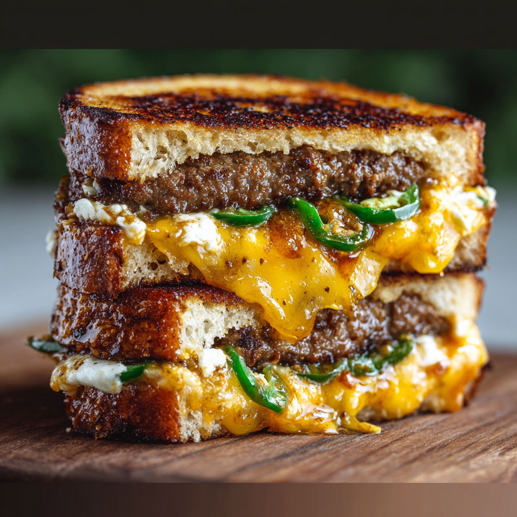 A Jalapeño Popper Patty Melt sandwich is cut in half and displayed on a wooden table.