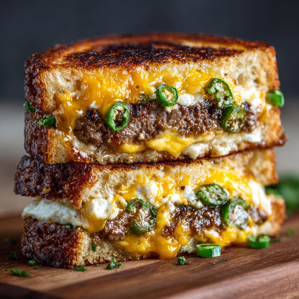 A delicious Jalapeño Popper Patty Melt sandwich is served on a wooden table.