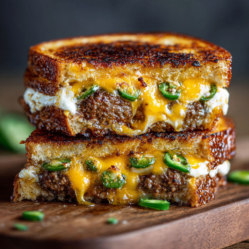 A delicious Jalapeño Popper Patty Melt sandwich is cut in half and displayed on a wooden table.