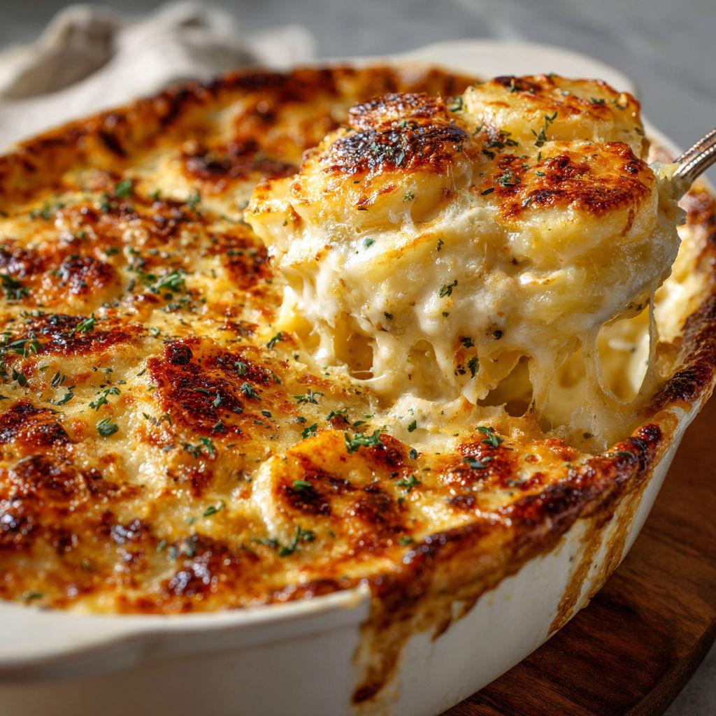 A close up of a casserole dish with a spoon in it.