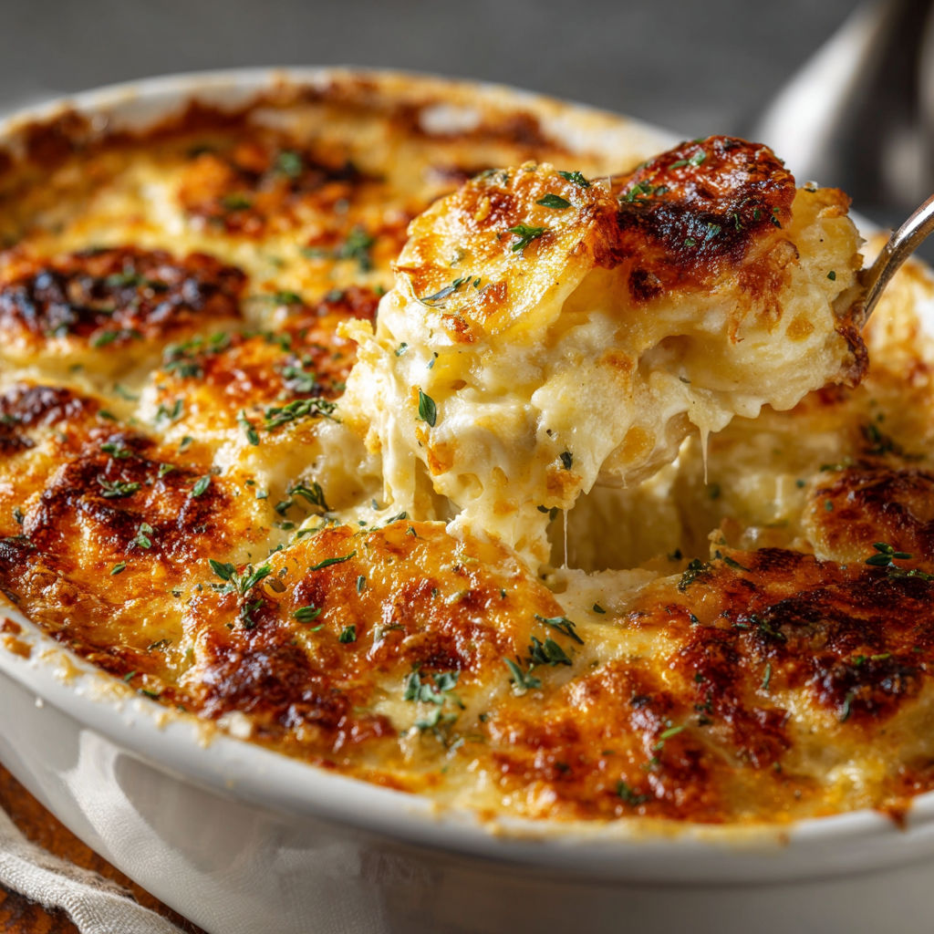 A delicious casserole dish filled with cheese and herbs, ready to be served.