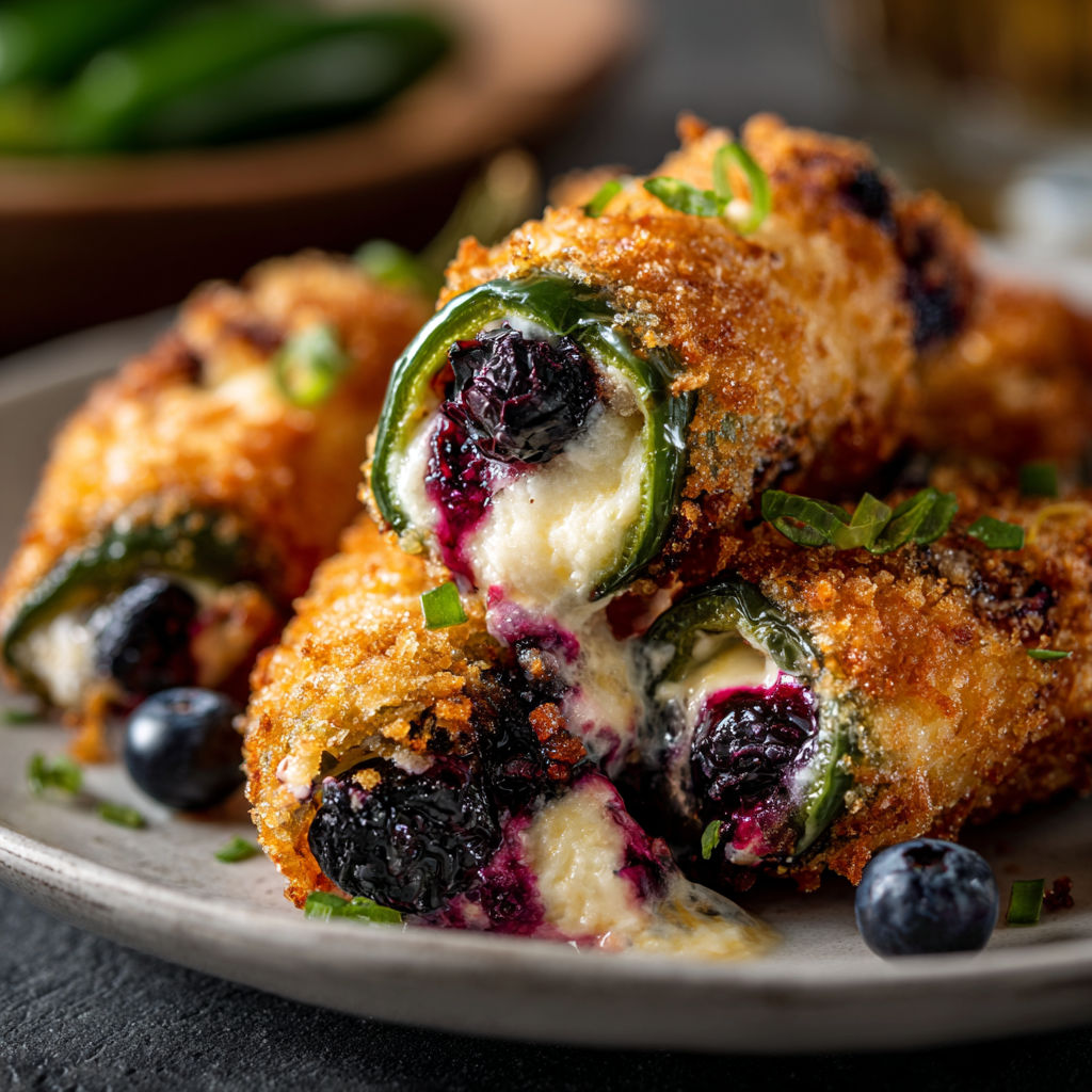 A plate of food with a blueberry and cheese stuffed pepper on it.