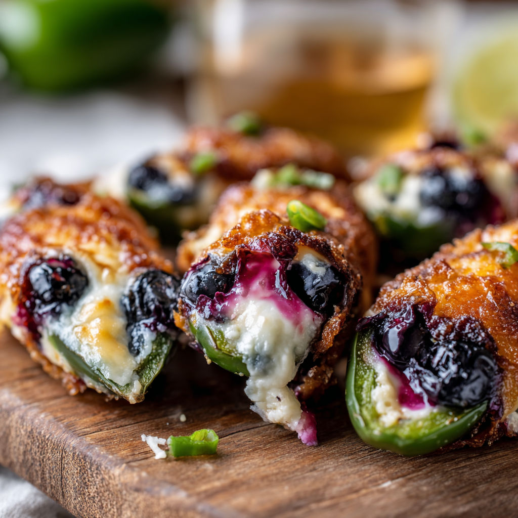 A plate of delicious chicken bites with blueberries and cheese, accompanied by a glass of wine.