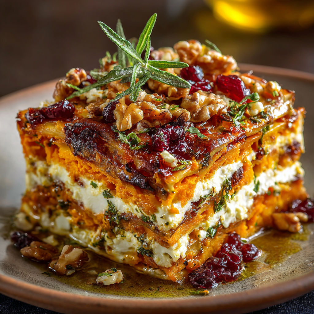 A delicious looking dish with a variety of ingredients, including nuts, cheese, and vegetables, is presented on a plate. The dish is described as a "Tofu and Vegetable Casserole" and is garnished with a sprig of parsley.