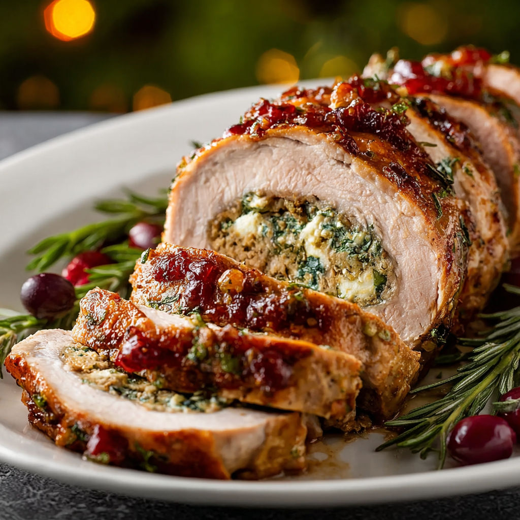 A delicious Christmas stuffed pork tenderloin is displayed on a plate, ready to be enjoyed.