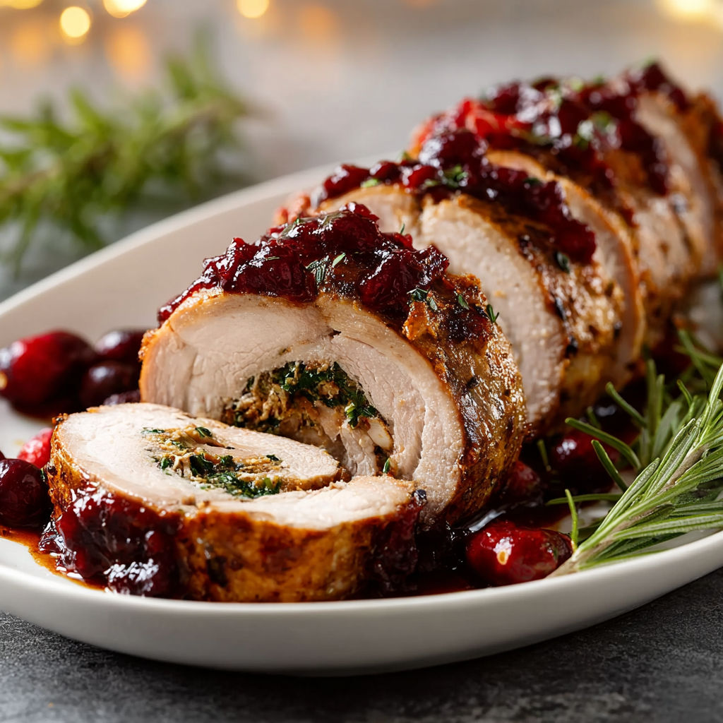 A plate of food with a meat roll and cranberry sauce.