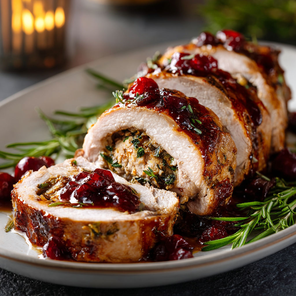 A plate of food with a stuffed chicken breast and a cranberry sauce.