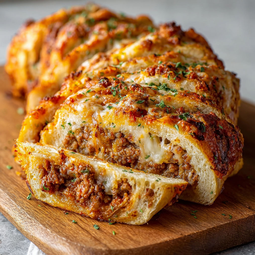 A delicious meat and cheese filled bread roll sits on a wooden cutting board, ready to be sliced and enjoyed.