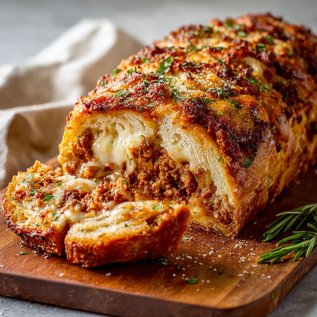 A loaf of bread with meat and cheese inside, sitting on a wooden cutting board.