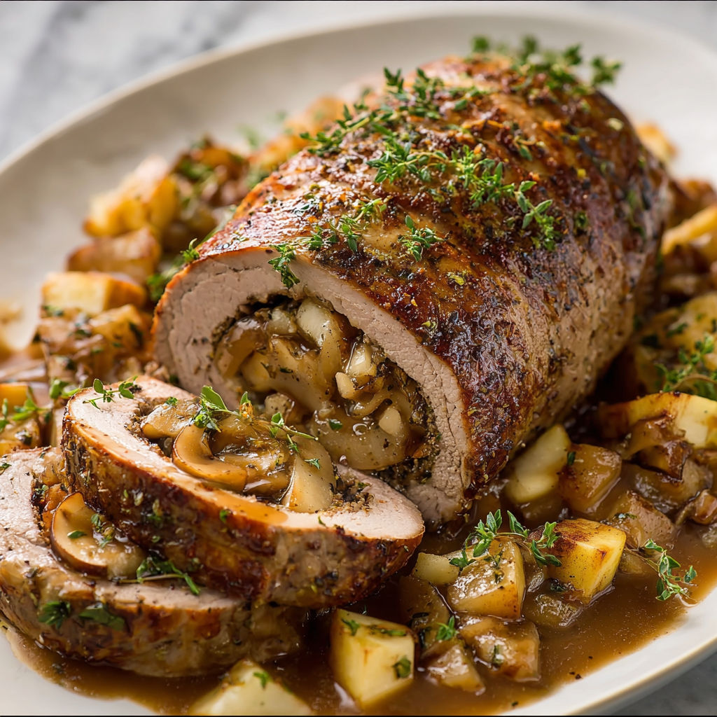 A delicious stuffed beef tenderloin with apple bourbon gravy.