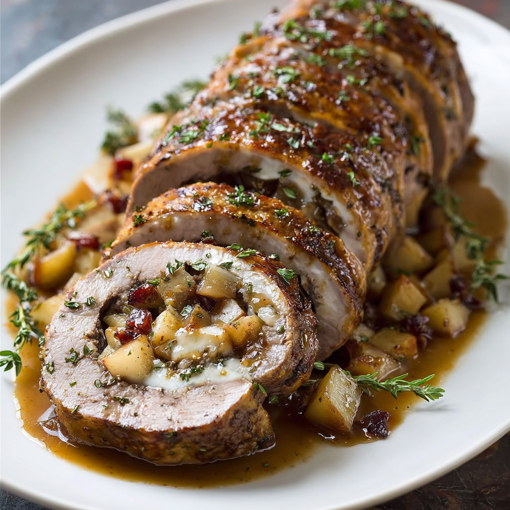 A plate of stuffed beef tenderloin with apple bourbon gravy.