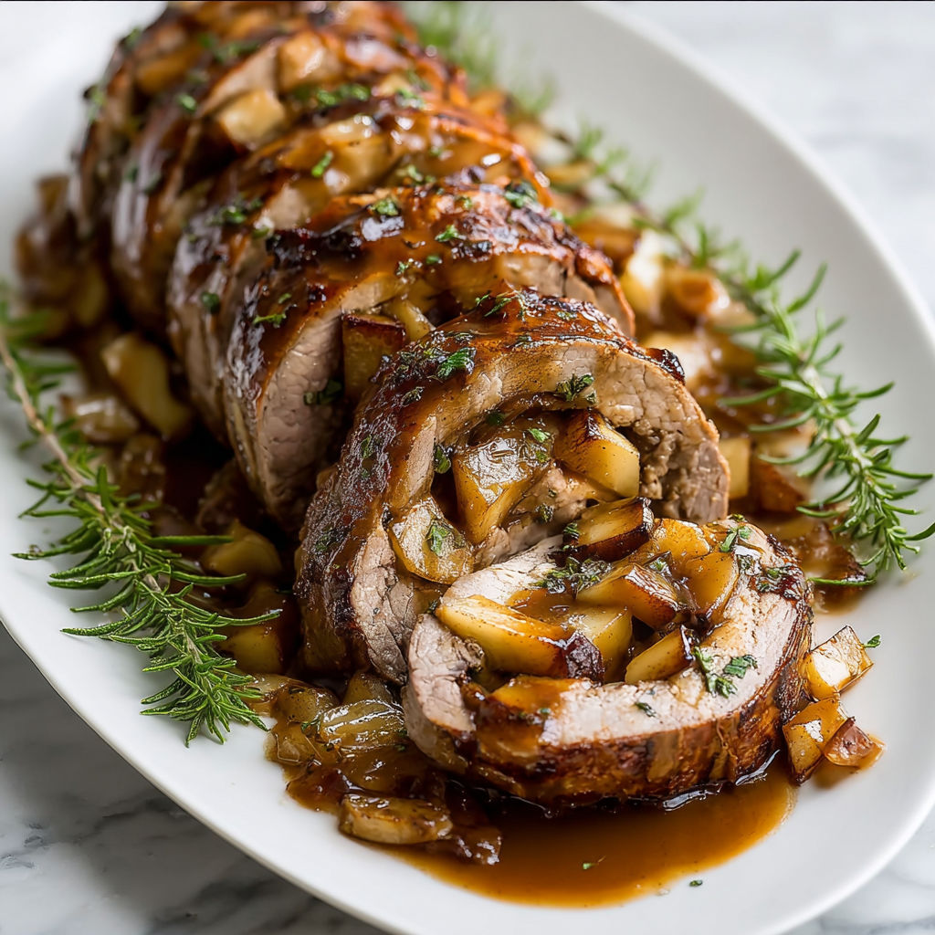 A delicious Stuffed Beef Tenderloin with Apple Bourbon Gravy is served on a plate.