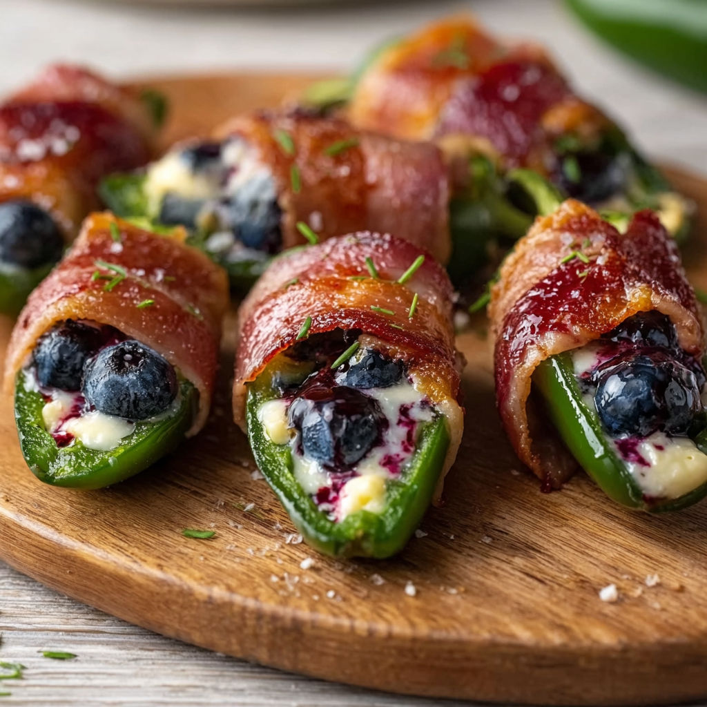 A wooden cutting board holds a variety of food items, including bacon wrapped peppers, blueberries, and jalapenos.