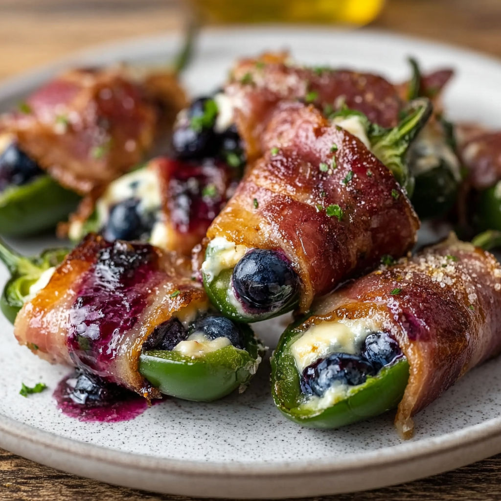 A plate of bacon wrapped peppers with blueberries and cheese.