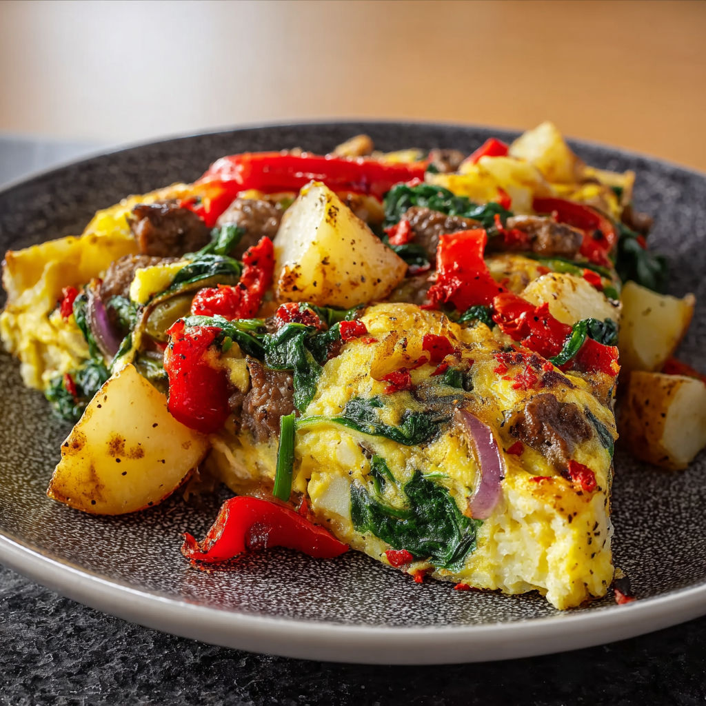 A delicious looking vegetable omelette with potatoes, peppers, and greens.