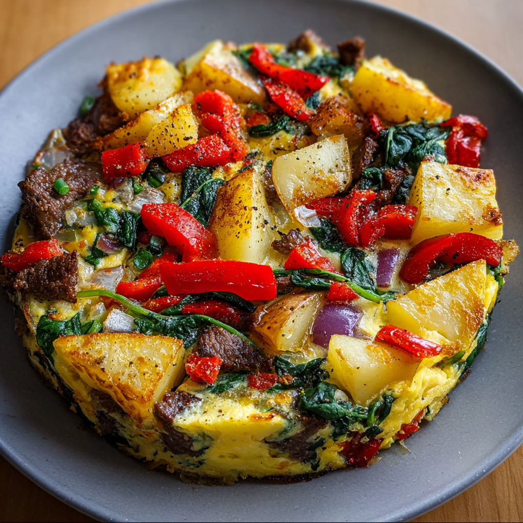 A delicious vegetable omelette with potatoes, peppers, and spinach.