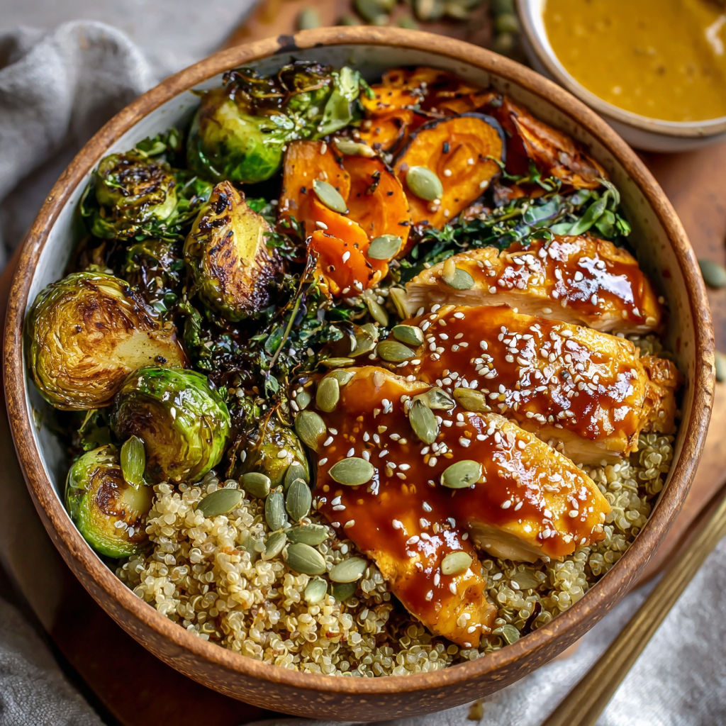 A bowl of food with chicken, vegetables, and sauce.