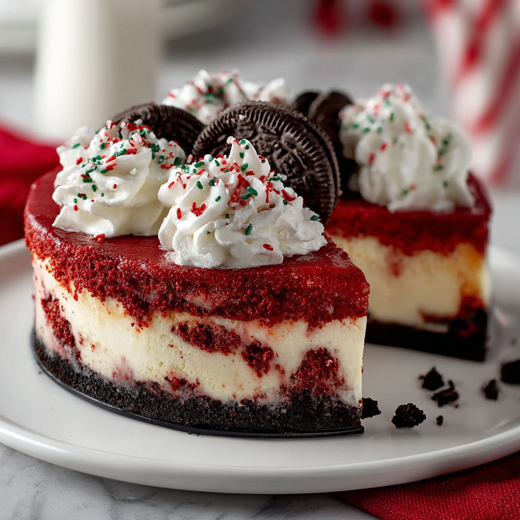 A slice of Christmas Red Velvet Cheesecake with white whipped cream and Oreo cookies on top.