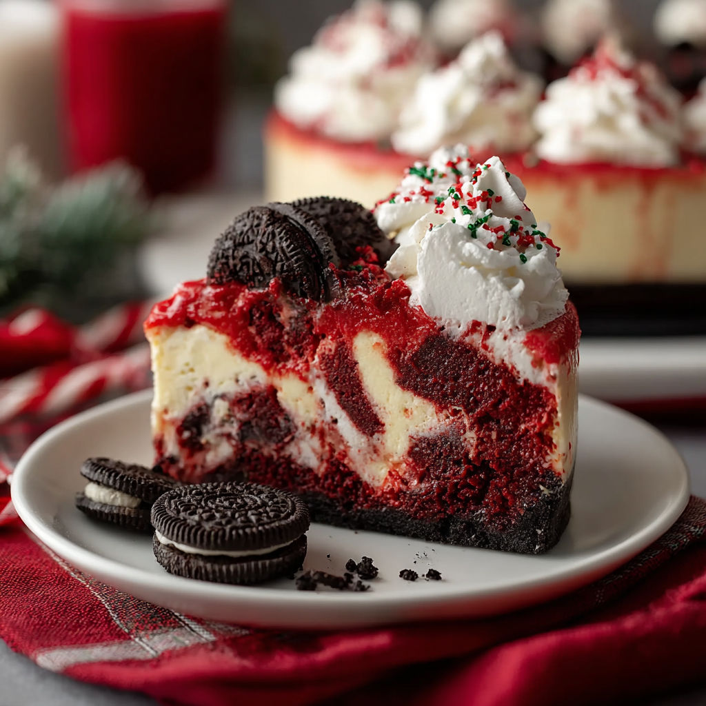 A slice of red velvet cheesecake with white whipped cream and chocolate chips on top.