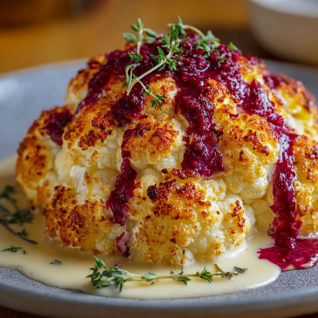 A delicious Low-Carb Cauliflower Brain Bake is served on a plate, topped with a creamy sauce.