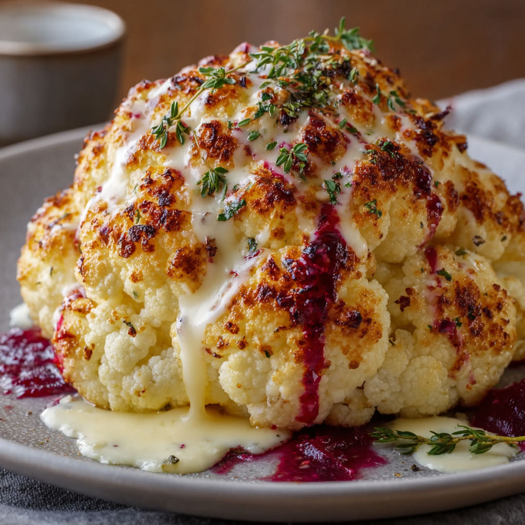 A delicious Low-Carb Cauliflower Brain Bake is served on a plate with a side of sauce.