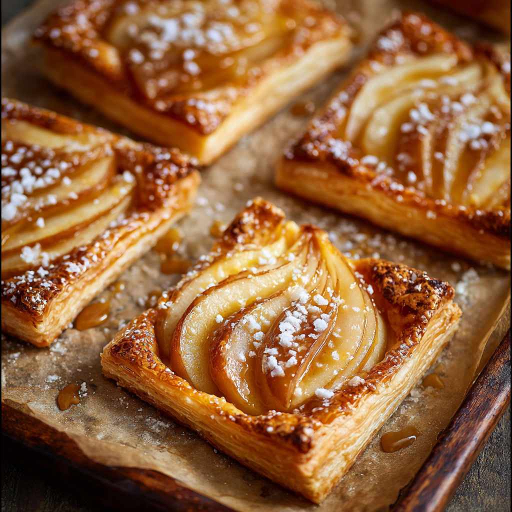 A tray of Salted Caramel Pear Tarts is displayed on a wooden table.